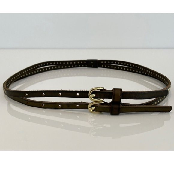 KHAKI STUDDED LEATHER DOUBLE BUCKLE BELT main image 4